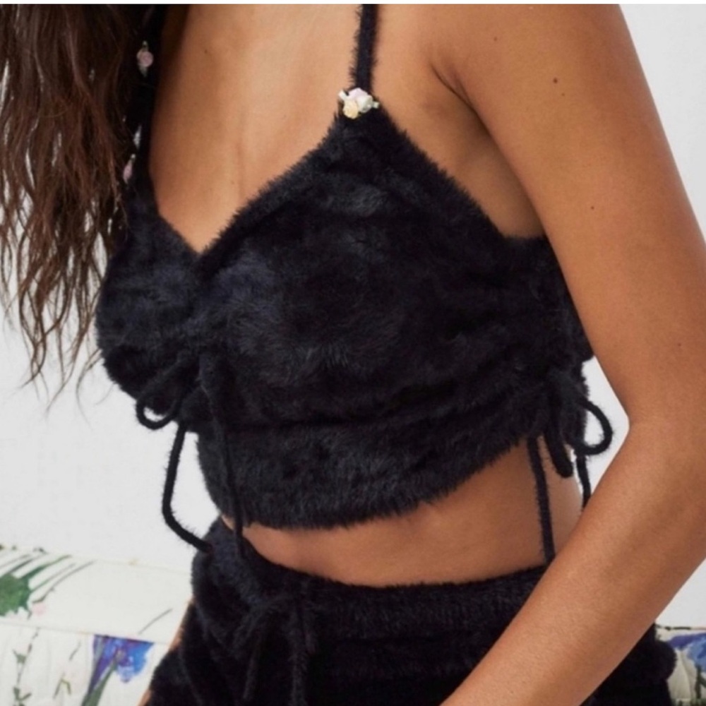 For Love and Lemons cozy black rosette flirty dainty cropped tank top small